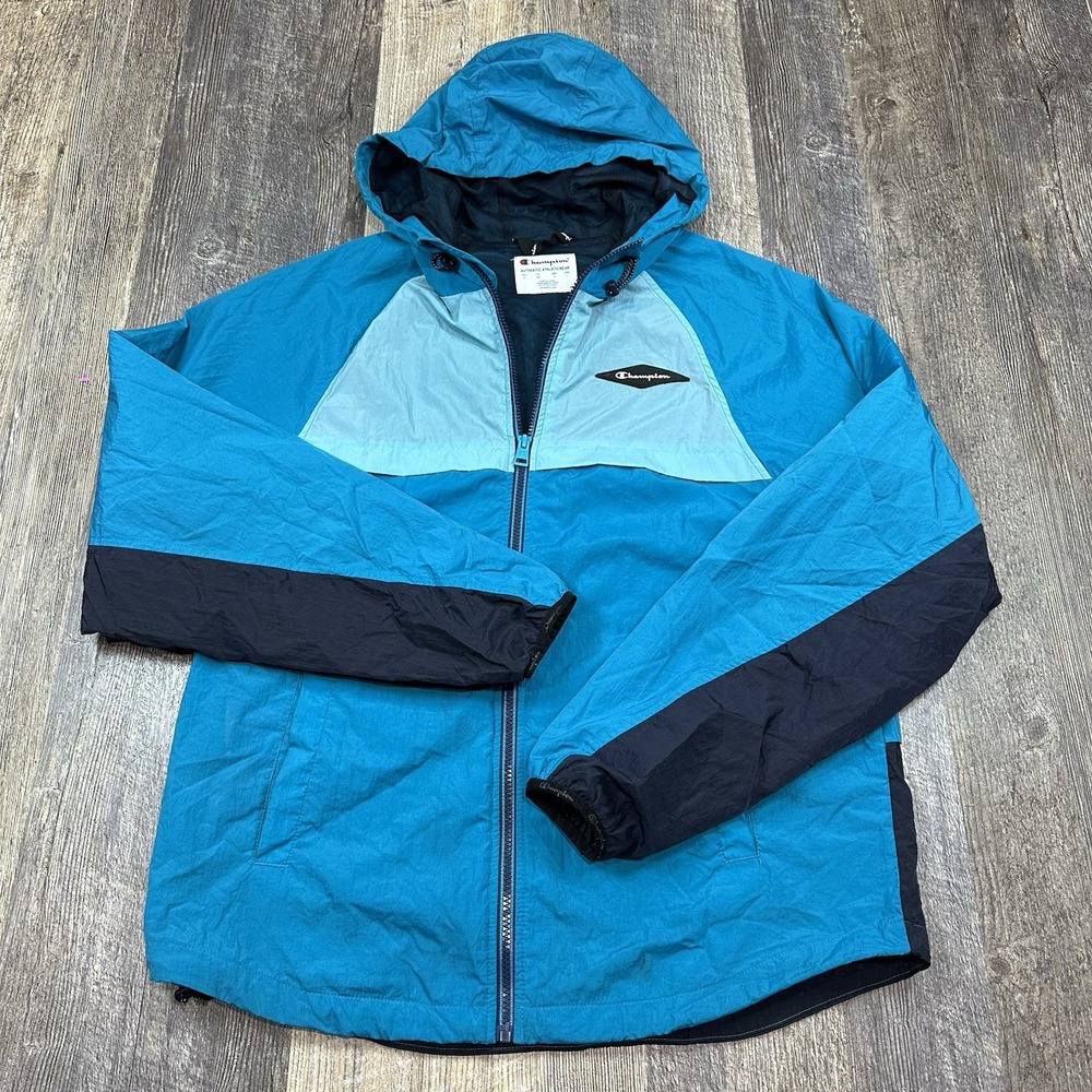 Champion Men's Medium Packable Windbreaker Jacket Blue Teal Colorblock‎ Hooded